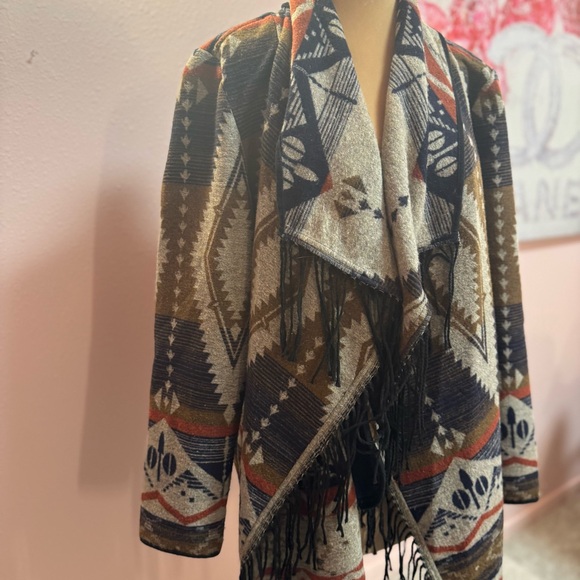 Boho Fringe Open Front Jacket - Multicolor Aztec - Picture 2 of 7